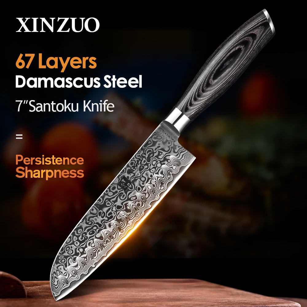 XINZUO 7 дюймовый нож сантоку японский дамасский кухонный высокоуглеродистая
