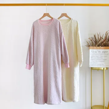 

Camison Mujer Loose Pink Flannel Home Nightgown 2020 Autumn and Winter Women's Long Two-color Loose Coral Fleece Warm Nightdress