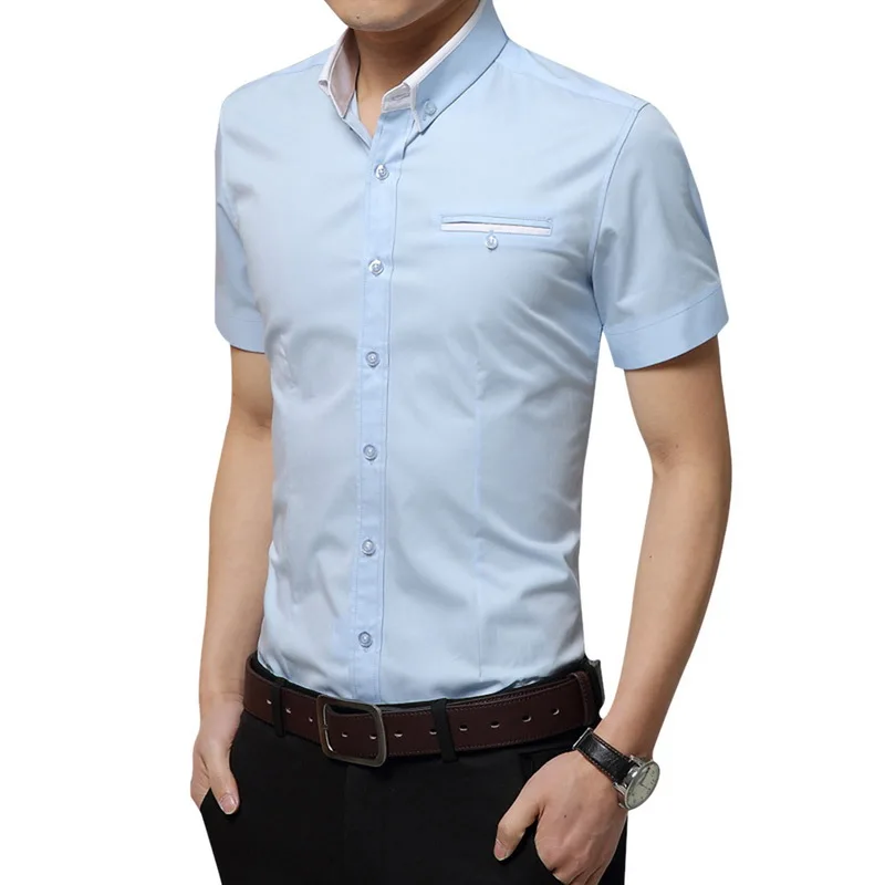 light blue Модные милые новые Брендовые мужские летние деловые рубашки с короткими рукавами и отложным воротником, смокинги, мужские рубашки размера плюс 5XL - Цвет: light blue