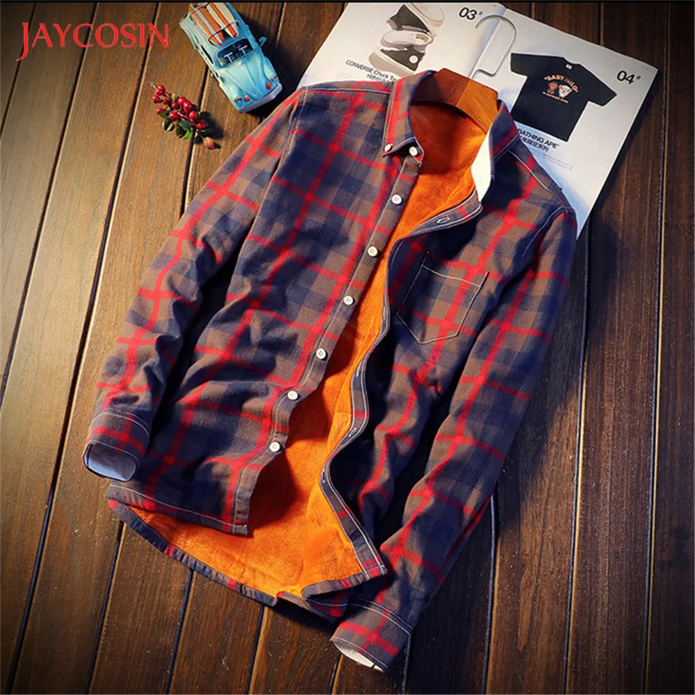Joycosin, мужская рубашка, зима, новая, на пуговицах, клетчатая рубашка, повседневная, модная, Мужская одежда, длинный рукав, карман, лацканы, блузка, флис, теплая