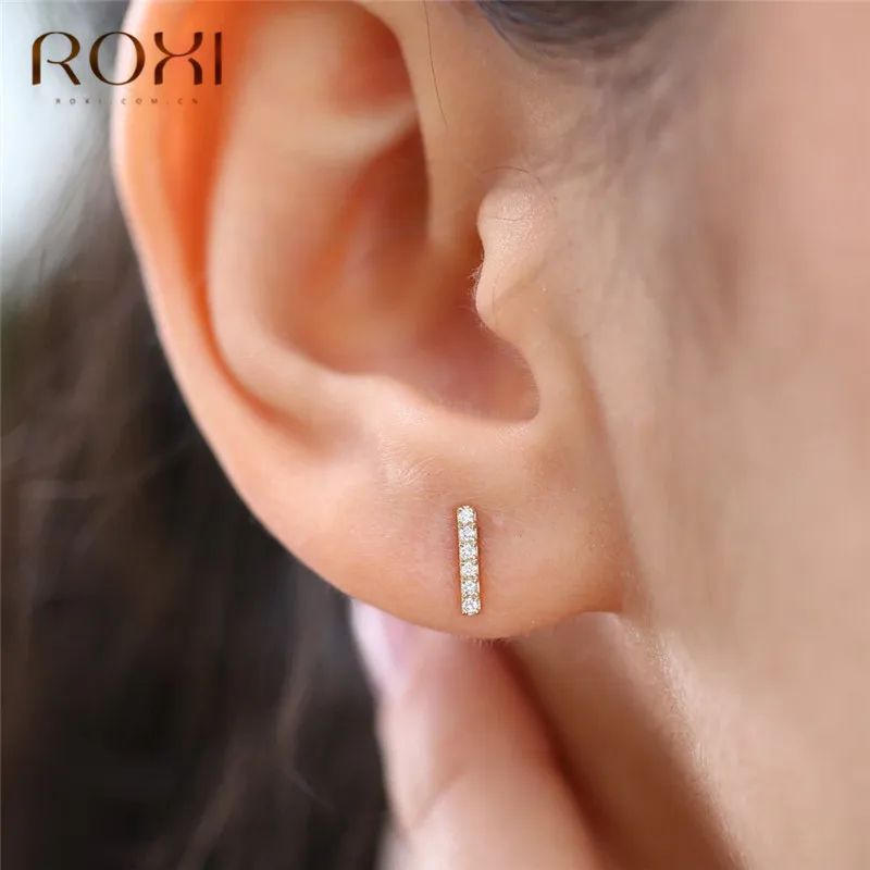ROXI минималистичные плоские серьги-гвоздики для женщин, геометрические Т-образные циркониевые Двойные серьги-гвоздики с камнем рождения, 925 пробы серебряные серьги