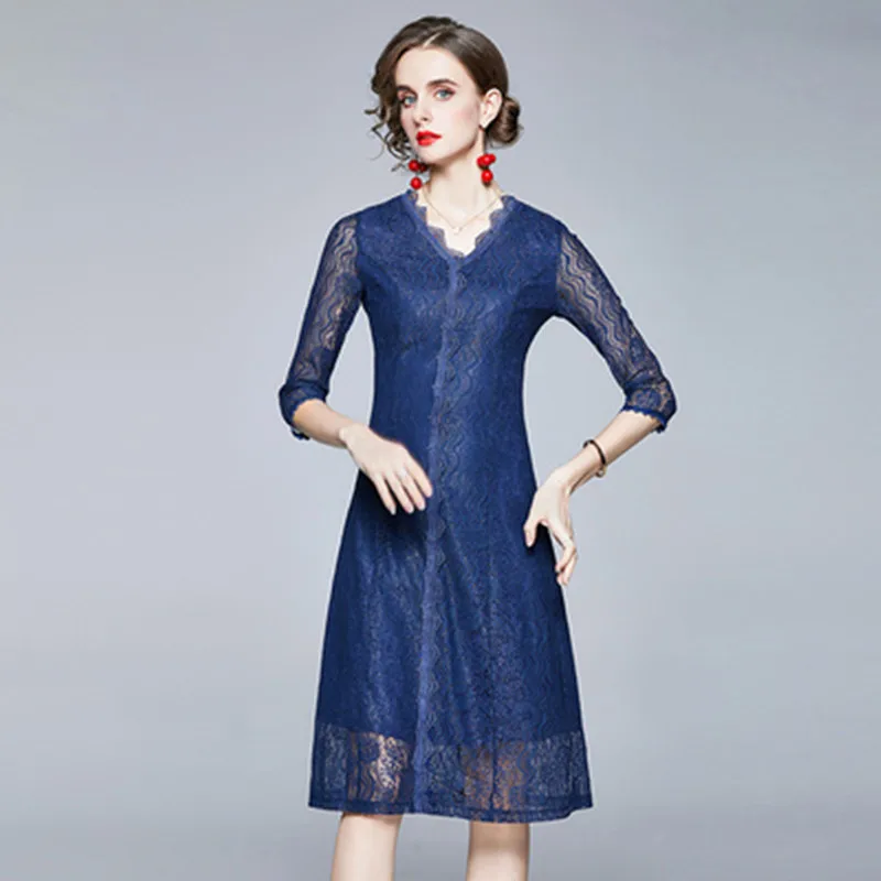 

Women Spring Elegant Chic Blue Lace Dress High Quality V-Neck Cocktail Party Robe Femme Vintage Designer Vestidos