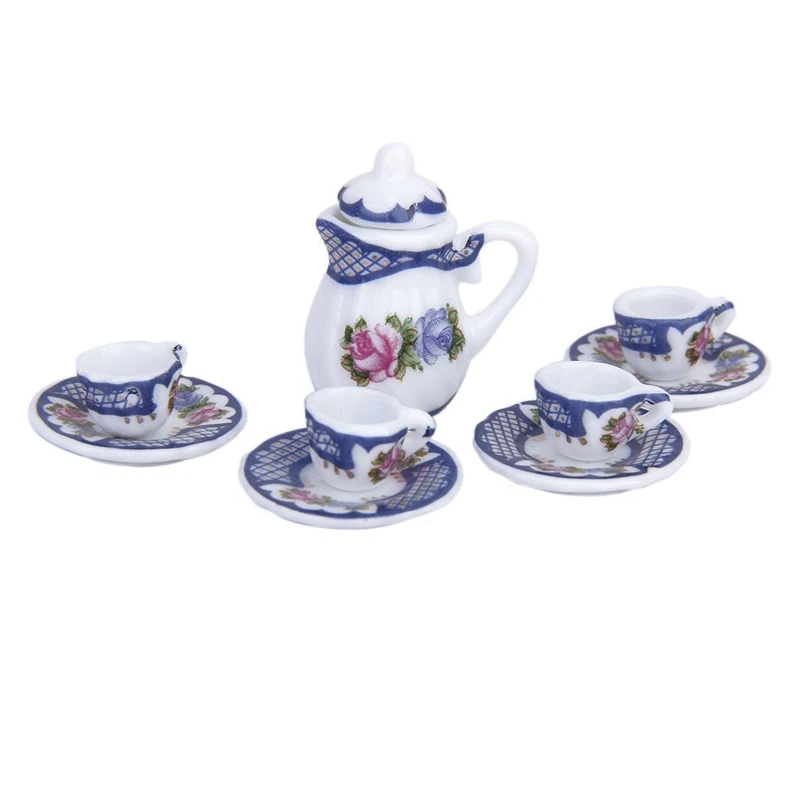 15pcs Miniature British Style Porcelain Tea Set Dish/Cup/Plate-Blue for 1/12 Dollhouse