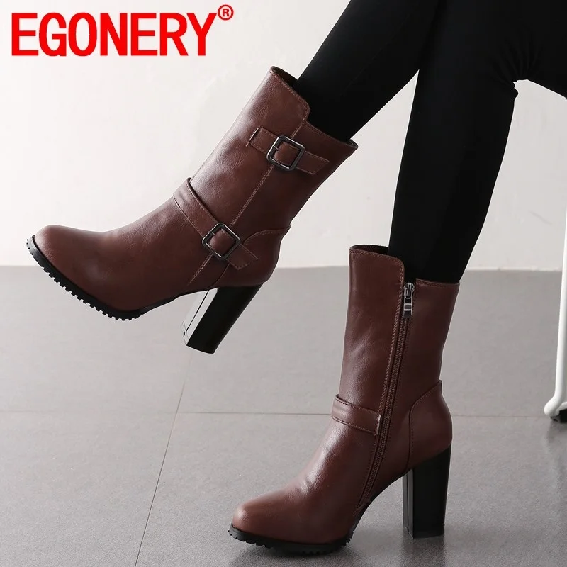 

EGONERY winter new concise work mid calf boots outside warm super high heels zip round toe women shoes drop shipping size 34-43