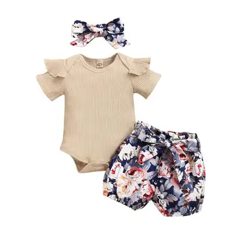 

Summer Baby Girls Short Sleeve Solid Color Romper Tops+Flower Shorts+Headband Suits Casual Costume Sets New Hot Sale