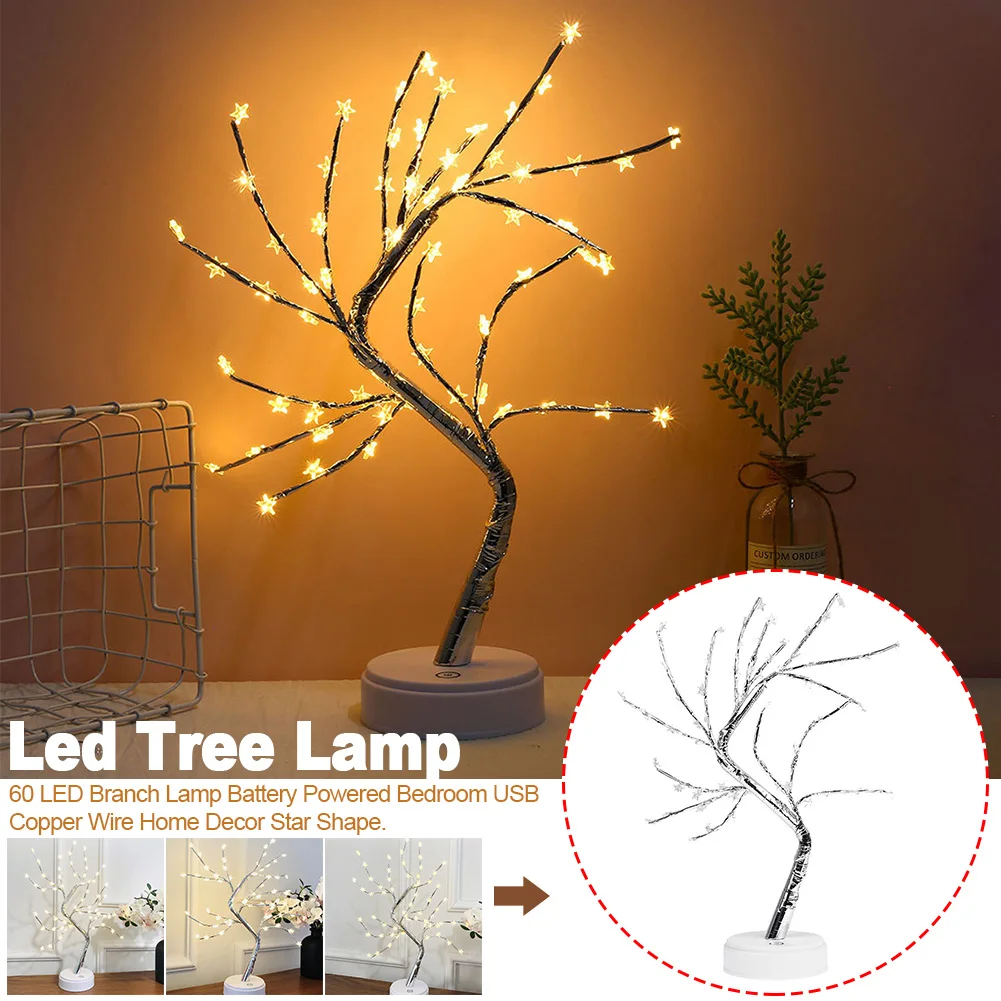 60 LED USB Star Shape Romantic Tree Battery Powered Gift Bedroom Home Decor Branch Lamp Table Copper Wire Night Lights
