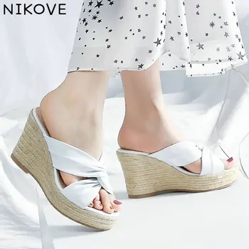 

NIKOVE 2020 Wedge High Heel Sandals Women Shoes Cow Leather+PU Slingback Platform Leisure Pointed Toe Casual Shoes Size 34-39