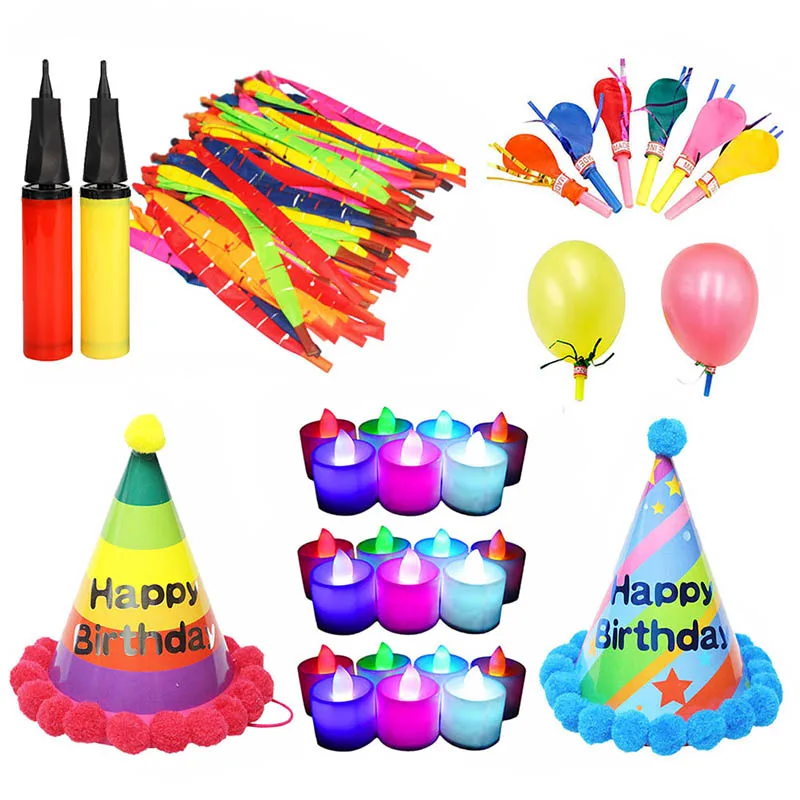 Дети День Рождения мультфильм шляпы, ракета воздушные шары с воздушным насосом, светодиодный свет свечи, золотые свистки с шарами дети день рождения
