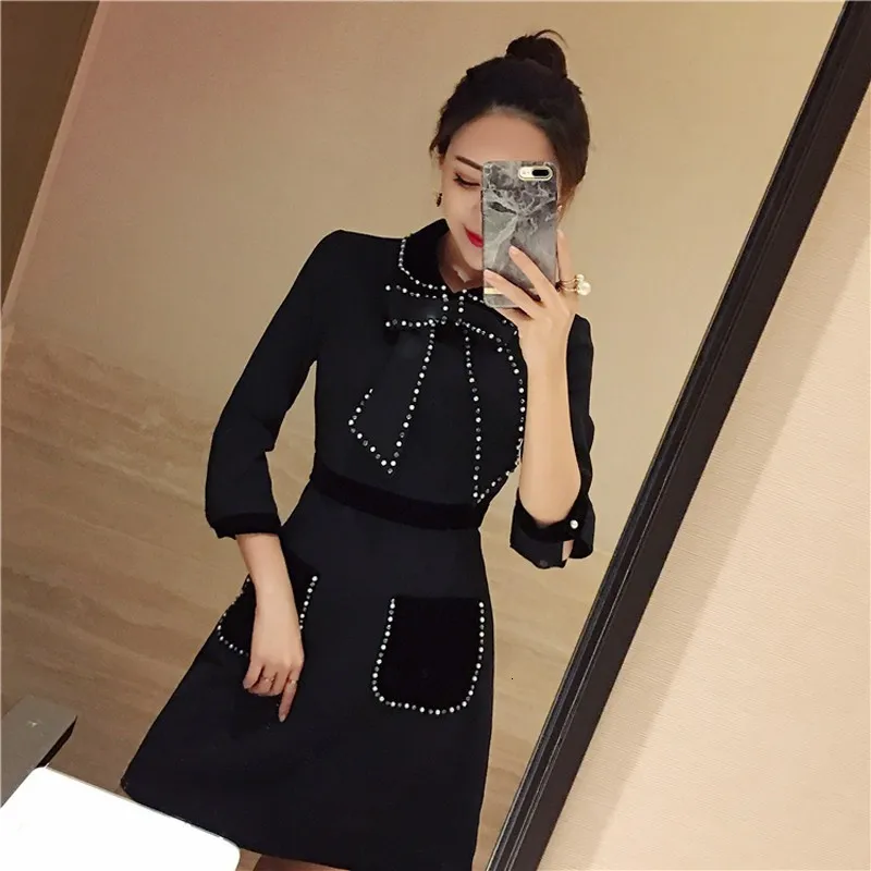 Хит женское черное платье осень дизайнерское весна семь точек рукав Ретро стиль