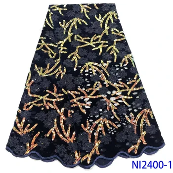 

Latest Velvet Lace Fabric New Design Nigeria Lace Fabric With Sequins Lace African High Quality Tulle Lace Fabric 5Yard NI2400-1