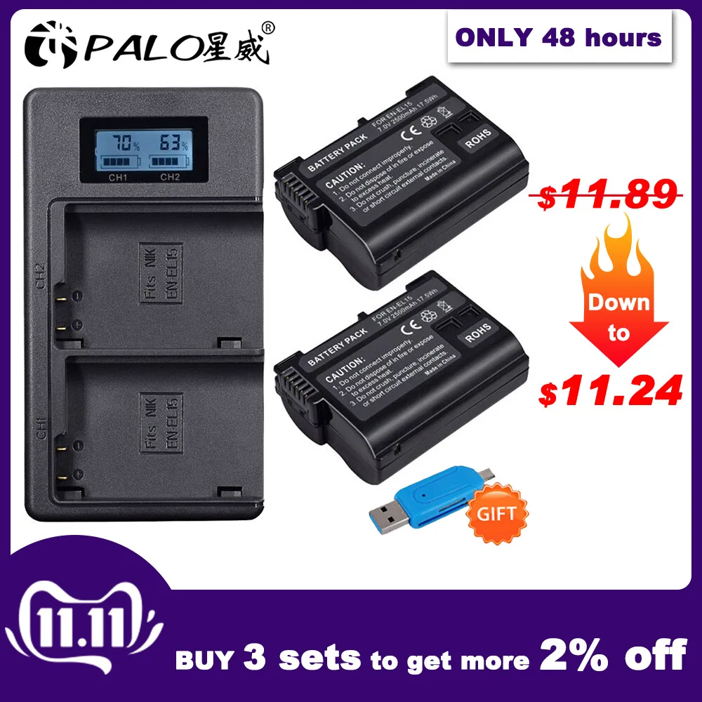 Günstig 2Pcs EN EL15 EN EL15 ENEL15 EL15A Batterien + LCD Dual USB Ladegerät für Nikon D600 D610 D600E D800 D800E d810 D7000 D7100 d750 V1