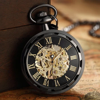 

Black Gold Sliver Mechanical Pocket Watch for Men FOB Chain Pendant Skeleton reloj de bolsillo hombre con cadena with Gift BOX