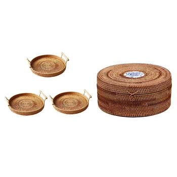 

Handmade Rattan Pu'Er Tea Cake Storage Box Cake Storage Box with 3Pcs Rattan Storage Tray, Round Basket