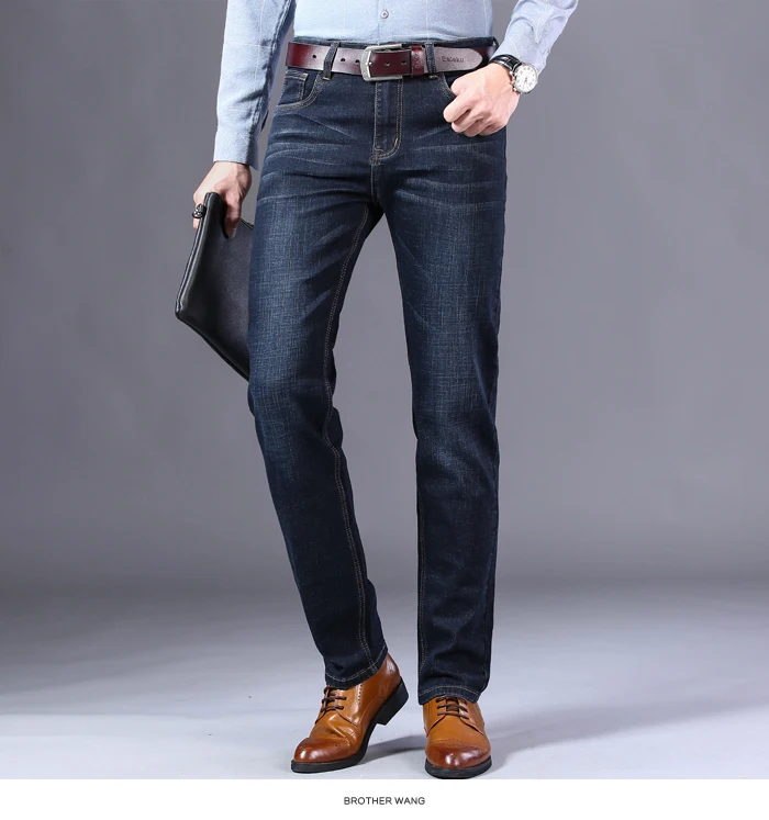 Классические мужские джинсы в деловом стиле, Осень-зима, стиль, модные Стрейчевые джинсовые брюки, мужские Брендовые брюки, черные, синие, серые