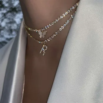 

Trendy Inlaid Zircon Letter Butterfly Pendant 14K Plating Gold Short Necklace for Women Shiny Rhinestone Tennis Chain Necklace