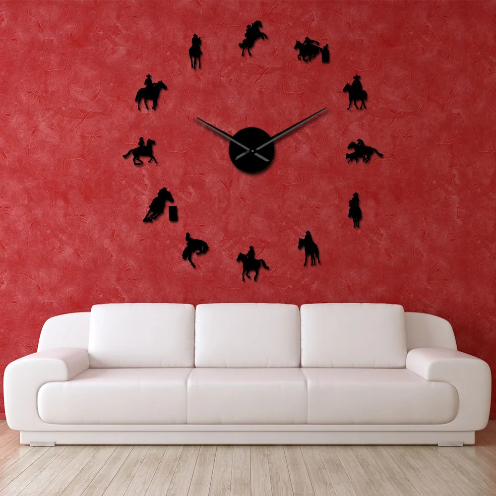 Rodeo DIY настенные художественные наклейки большие настенные часы ковбой домашний декор конь всадник силуэт бескаркасные современные дизайнерские гигантские настенные часы