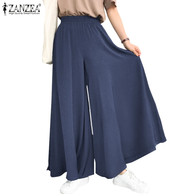ZANZEA 2021 Spring Autumn Elastic Band Wide leg Pants Female Solid Wide Full Length Pant Women's Casual Ladies Pants