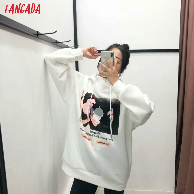 Tangada women charater print white hood sweatshirts oversize long sleeve loose pullovers casual ladies tops 2R02