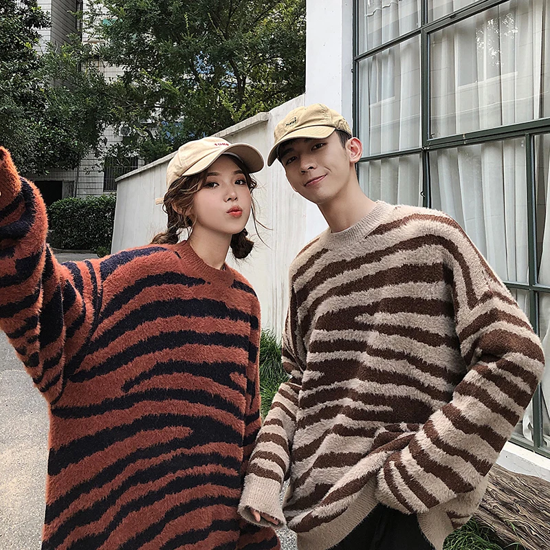 

Winter Striped Sweater Men's Warm Fashion Retro Casual Couple Knitted Sweater Man Sweter Clothes Wild Loose Pullover Men