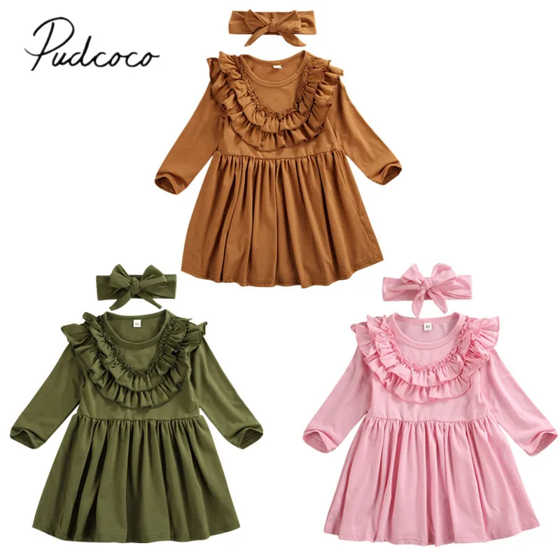Г. Весенне-осенняя одежда для малышей Повседневные Вечерние платья для маленьких девочек повязка на голову, наряды Однотонный сарафан с оборками От 1 до 6 лет