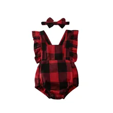 New My First Christmas Clothes Infant Baby Girl Plaid Ruffle Romper Bodysuit Jumpsuits Headband Xmas Outfit