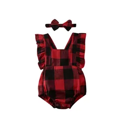 Mes premiers vêtements de noël pour bébé fille, barboteuse à carreaux, à volants, body, bandeau, tenue de noël, nouvelle collection 
