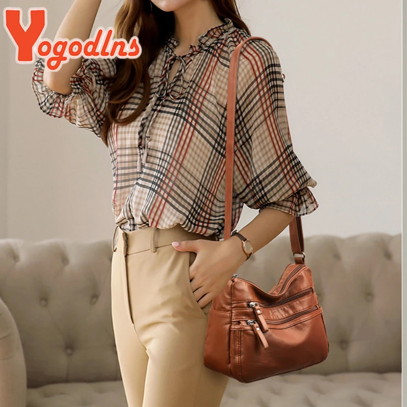 Leather Handbag Women Handbags Crossbody Bags Yogodlns Vintage Shoulder Women's Bag Washed PU Leather Crossbody Bag Multifunction Messenger Large Capacity Lady Handbag