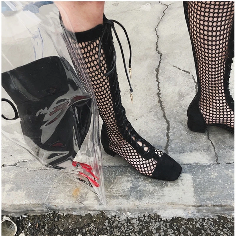 

Black Cut out Mesh Lace-Up Boot Chunky Heels Sqaure Toe Women Boots Luxury Brand Ballengary Shoes For Women's Runways Sandals 40