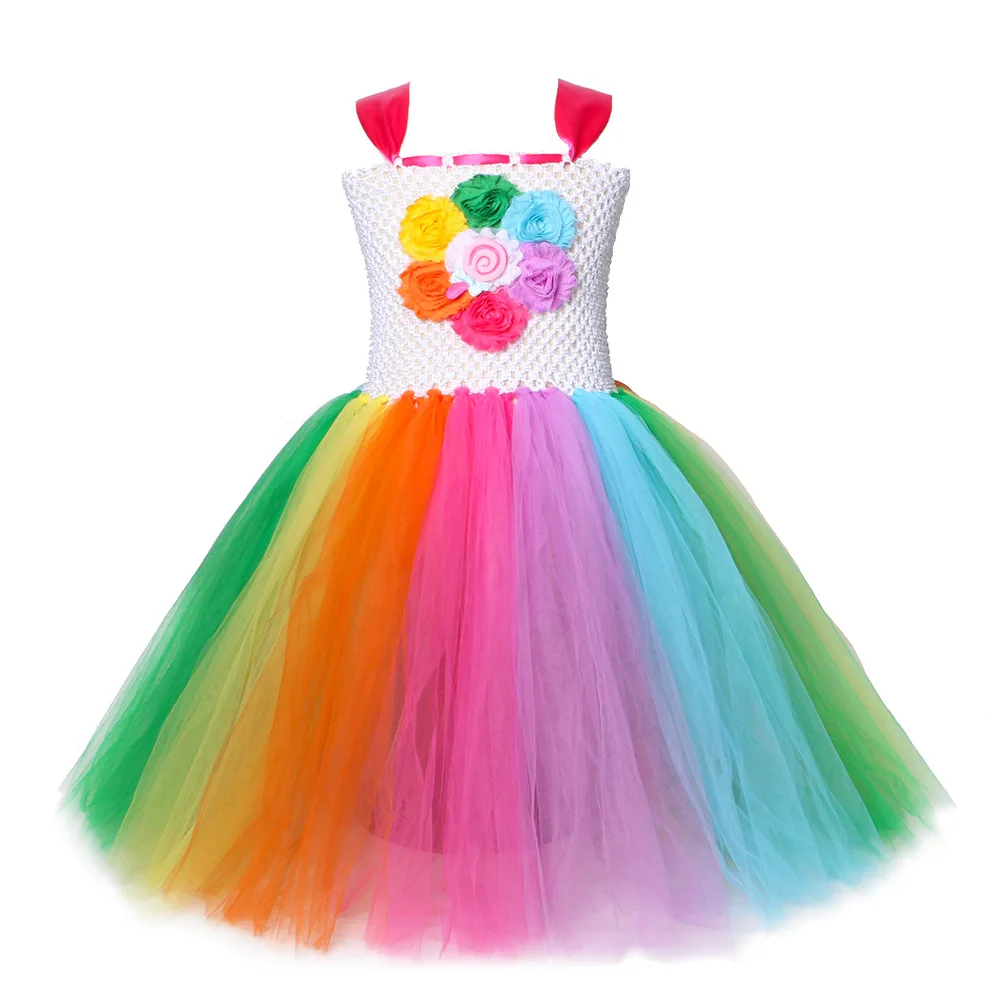 Детское платье-пачка ярких цветов с леденцом для девочек милое Радужное платье на день рождения Детские костюмы-пачки ярких цветов, пышное платье принцессы
