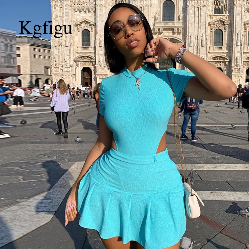 

KGFIGU tops and skirts sets 2019 Summer two pieces sets sexy round neck short sleeve Jumpsuits solid blue Skirt matching sets