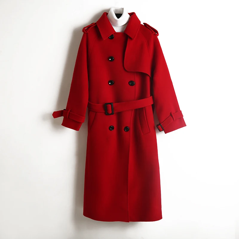 ALKMENE winter new double-faced cashmere coat women's long coat double-breasted woolen coat female cashmere coat - Цвет: Красный