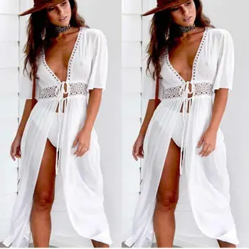 

Women Chiffon Bikini Cover up Beach White Maxi Dress Boho Lace Up Swimwear Beachwear Bathing Suit Summer Dress Plus Size 3XL