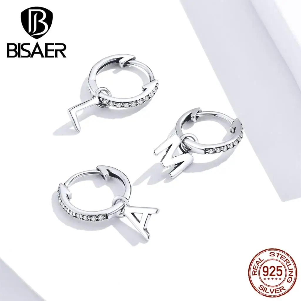 

BISAER Letter Earrings Hot Sale 925 Sterling Silver Alphabet Women Drop Earrings For Women Cubic Zircon Earrings Jewelry HSE848