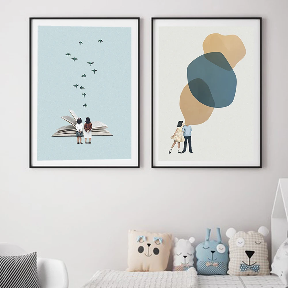 Canvas Art Pictures Boy Girl read Books Print Comics blowing bubbles Doll Drawing Painting Poster For Baby Kids Room Decor | Дом и сад
