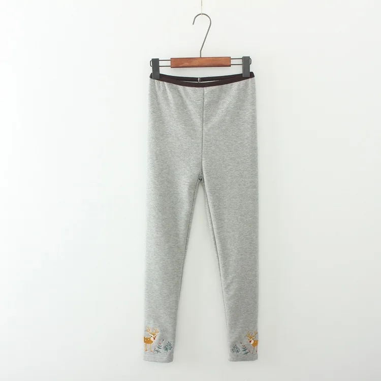 

Autumn And Winter New Style Cute Cartoon Deer Embroidered Elastic Waist Slim Fit plus Velvet Elasticity Leggings Long Pants S286