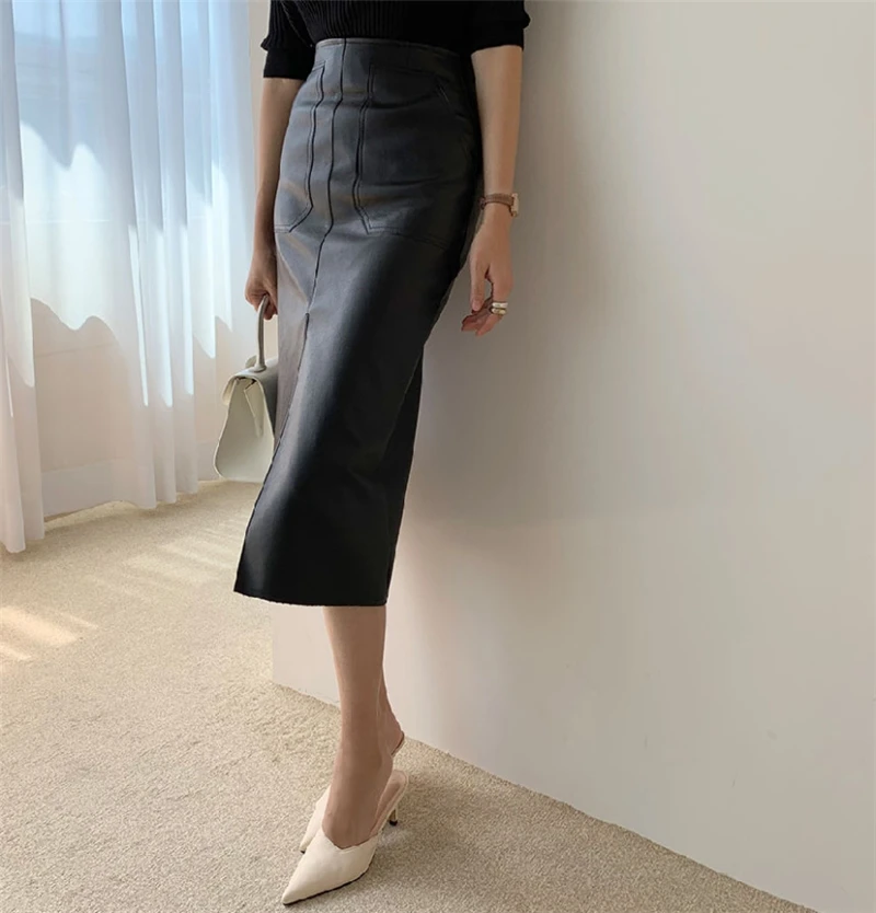 New 2020 Spring Women PU Leather Skirts High Waist Pockets Package Hip Skirt Female Front Split Zipper Midi Pencil Skirts