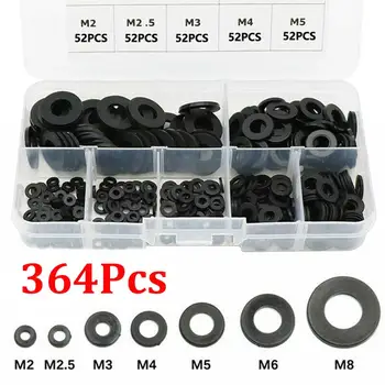

364pcs Black Nylon Rubber Flat Ring Washer Gaskets Kit M2 M2.5 M3 M4 M5 M6 M8 Metric Bolts/Screws New Nylon Flat Washers w/Box