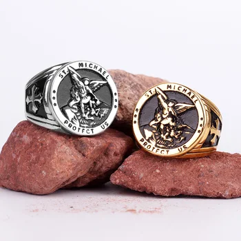 

Stainless Steel Men Rings St.Michael Protect Us Religion Catholic Punk Rock for Biker Boy Male Jewelry Creativity Gift Wholesale