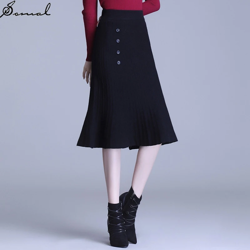 

SOMAL Women Single Breasted Ruffle Black Knitted Trumpet Skirt Autumn Winter Lady Elastic High Waist Long Mermaid Vintage Skirt