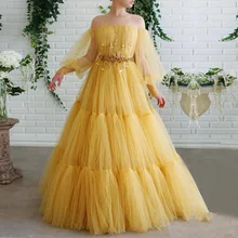 Robe de bal jaune en Tulle pour filles, épaules dénudées, balayage en ligne A, manches longues, robe de soirée formelle, fermeture éclair au dos