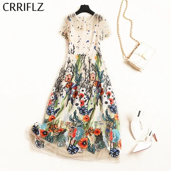 

Medium Long Embroidery Floral Dress Women Short Sleeve Spaghetti Strap O Neck Mesh Dress Vintage Summer Women Dress CRRIFLZ
