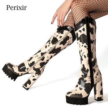 

Perixir Design 2020 New Winter Milk-print High Square Heel Women’s Boots Chunky Warm Fashion Party Shoes For Lady Size36-41