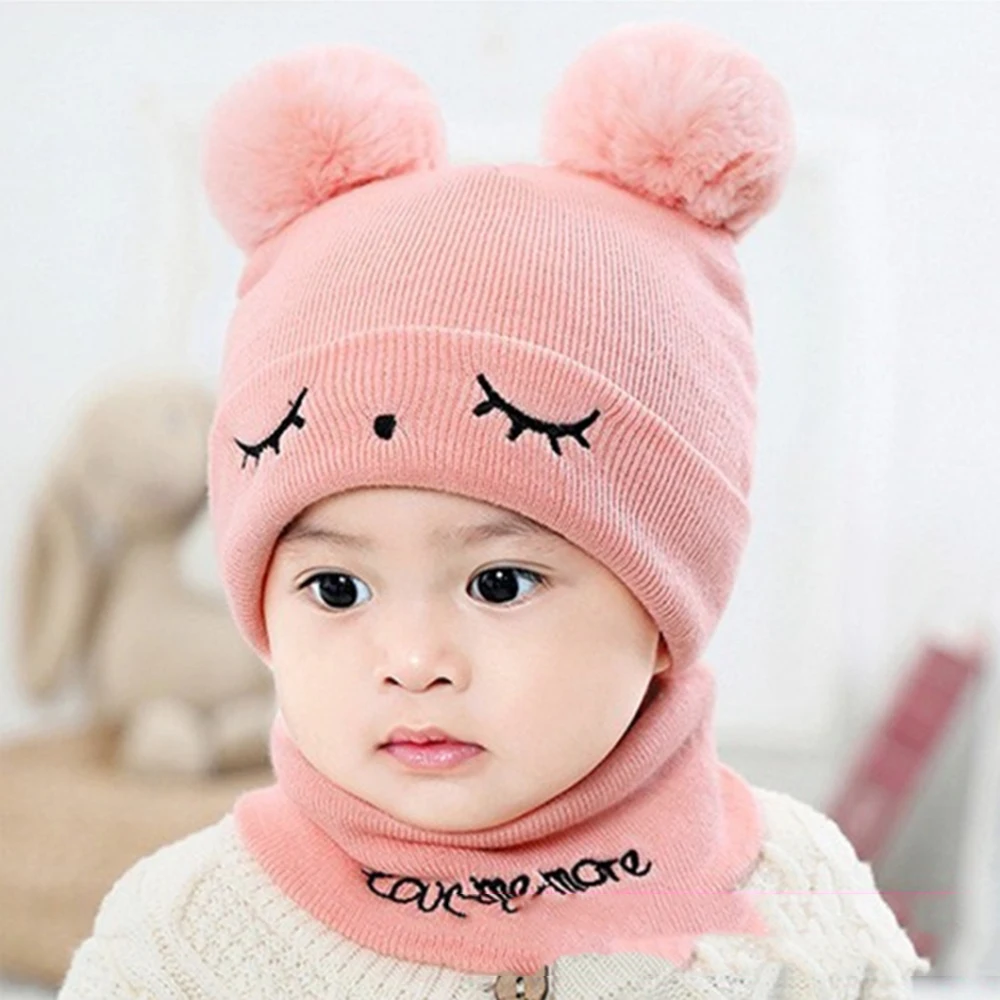 LOOZYKIT Baby Hat Winter 2Pcs Toddler Baby Girls Boys Solid Hat Winter Warm Knitted Beanie Cap+Scarf Keep Warm Set Kids Cap - Цвет: Style2 pink