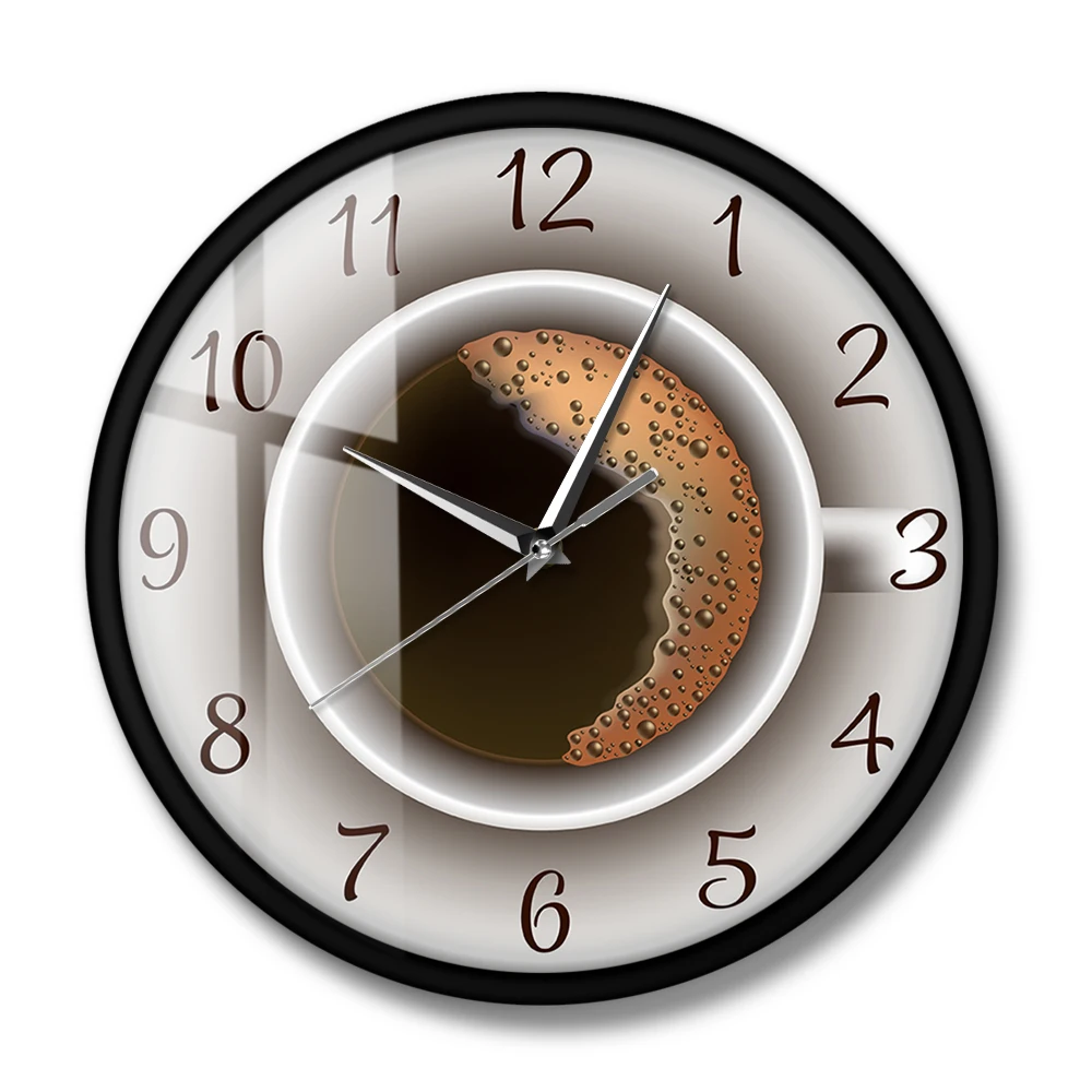 Cup of Coffee with Foam Decorative Silent Wall Clock Kitchen Decor Coffee Shop Wall Sign Timepiece Cafe Style Hanging Wall Watch Just6F