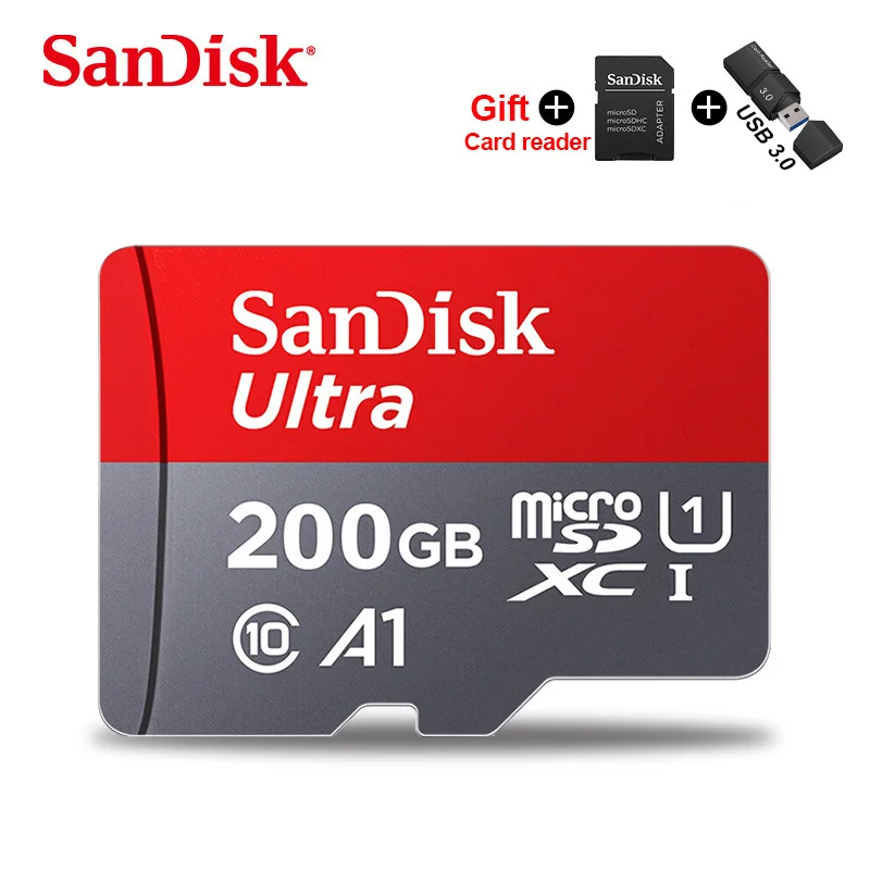 Карта micro sd ultra SanDisk 400 Гб 256 ГБ 200 ГБ 128 Гб 64 Гб SDXC карта памяти 32 Гб 16 Гб microsd tf карта SDHC Подарочная флеш-карта-адаптер - Емкость: 200GB 3.0 CardReader