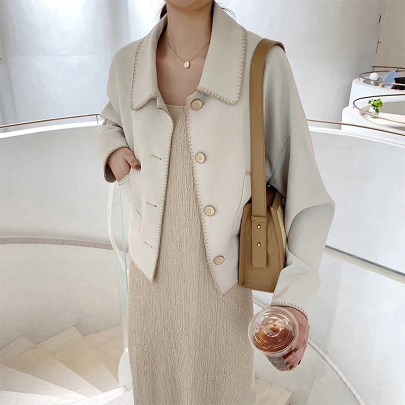 Новая шерстяная однотонная элегантная женская куртка с карманами и отложным воротником, модная куртка, верхняя одежда с длинными рукавами «летучая мышь», Женское пальто
