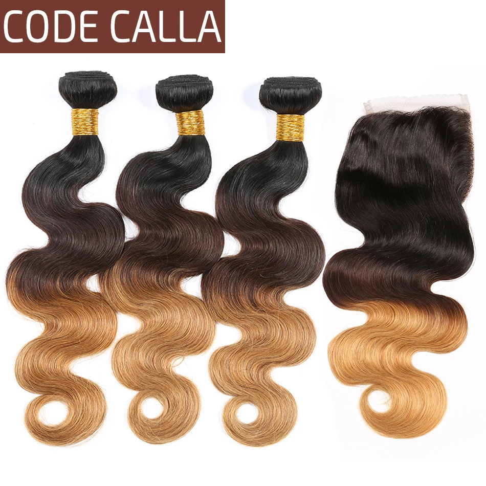

Code Calla Ombre Color Body Wave 3 Bundles With Lace Closure Free Part Remy Brazilian Human Hair Weave Extensions For Woman