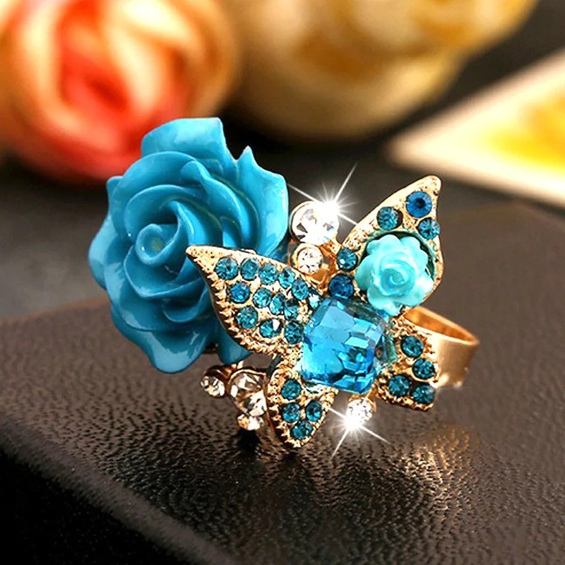 Finger Ring Wedding Rings Adjustable Rings Fashion Creative Big Butterfly Flowers Crystal Wedding Rings for Women