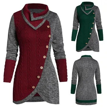 

Plus Size Women O-neck Long Sleeve Solid Botton Pachwork Asymmetric Tops Sweater Basic Female Sweater Truien Dames