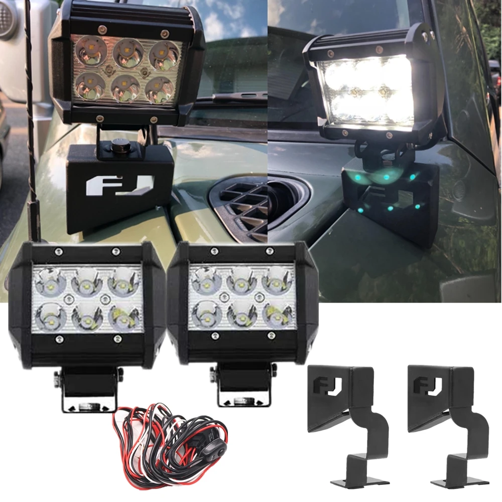 

1Set Car Front Cowl 4inch 18W Led Work Light Bar With Windshield Pillar Mounting Brackets for Toyota Fj Cruiser 2007-2015